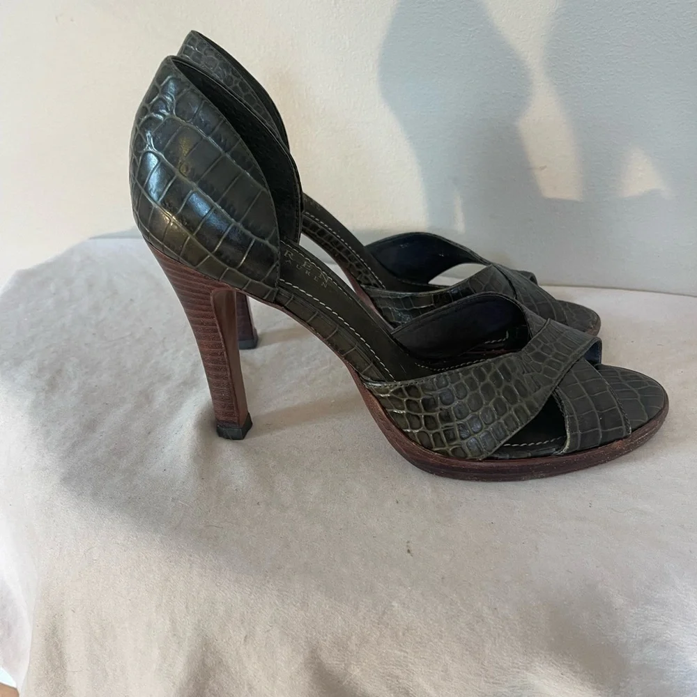Ralph Lauren Leather Crocodile Pattern Heels Callia Peep Toe Pumps Shoes 7 B - Picture 2 of 9